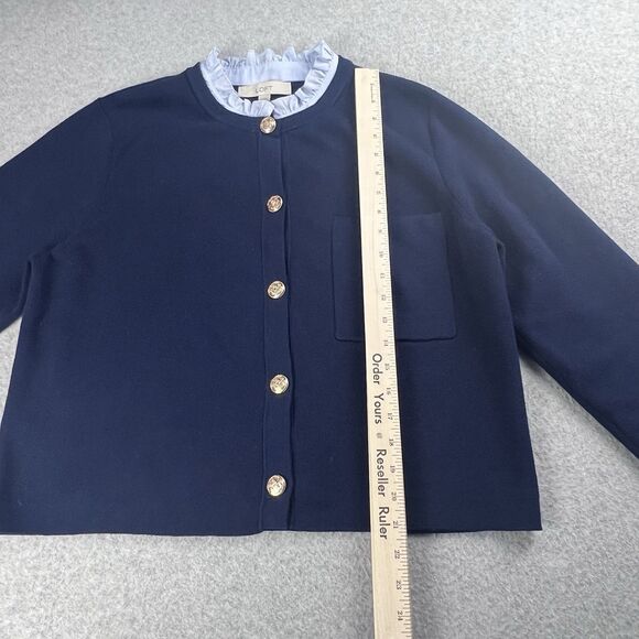 Loft Ruffle Neck Sweater Womens XL Navy Button Up Cardigan Workwear Fall Casual - Picture 8 of 12